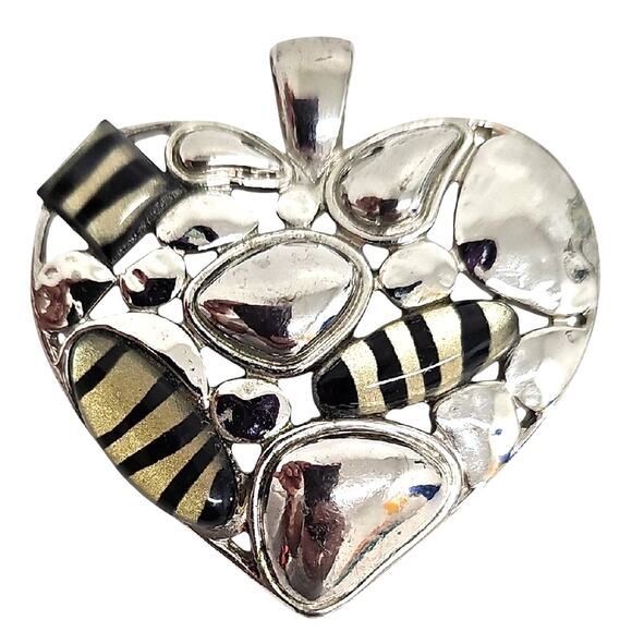 Beautiful Silverplate w/Black and Gold Striped Hammered Metal Heart Pendant 2" - Picture 1 of 5